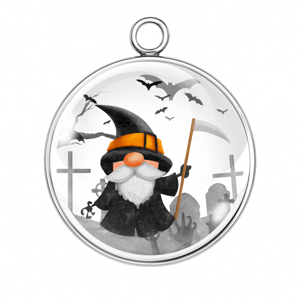 Halloween-themed pendant with a gnome in a black outfit and orange hat, surrounded by bats and crosses.