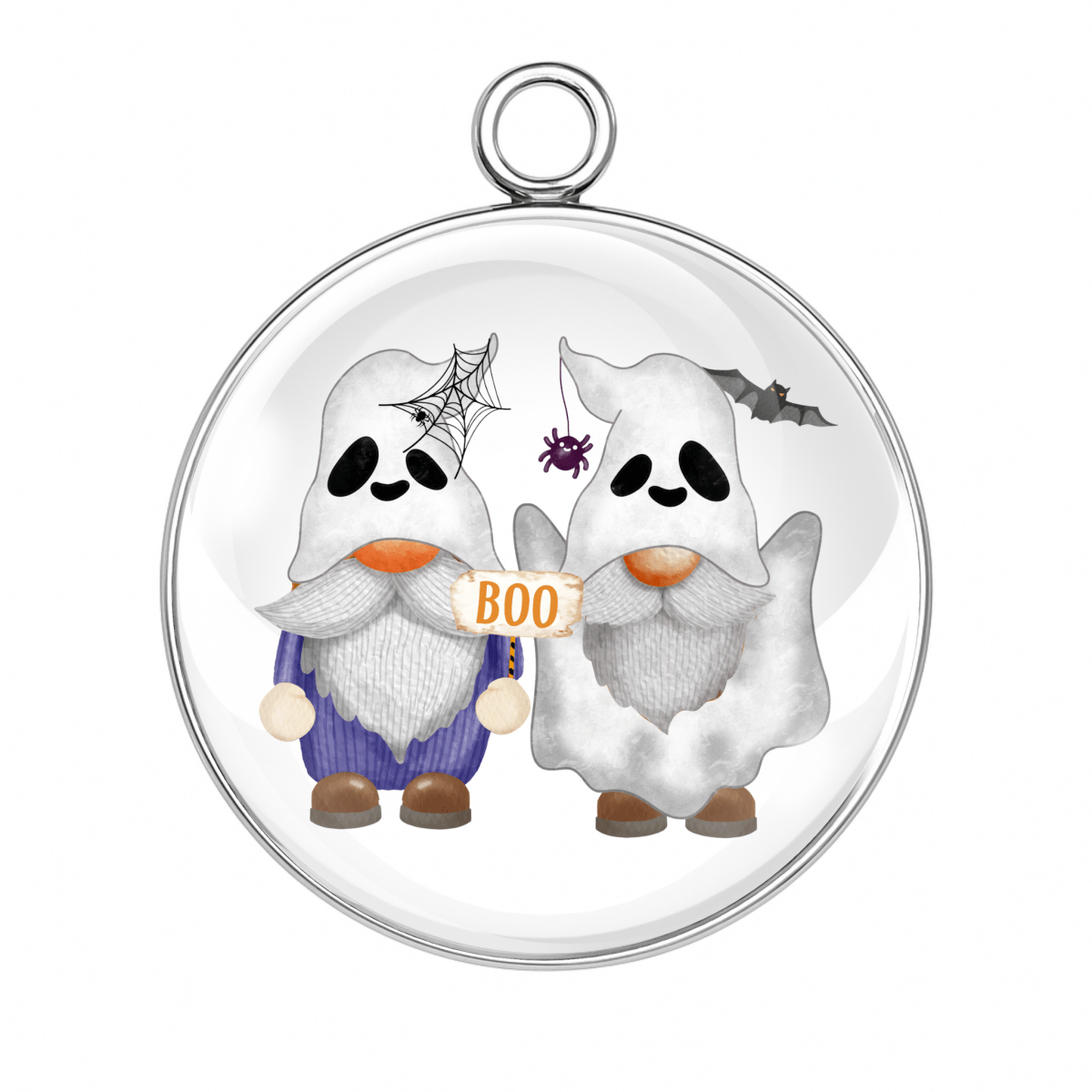 Circular pendant with cartoon gnomes dressed as ghosts holding a 'BOO' sign on a white background.