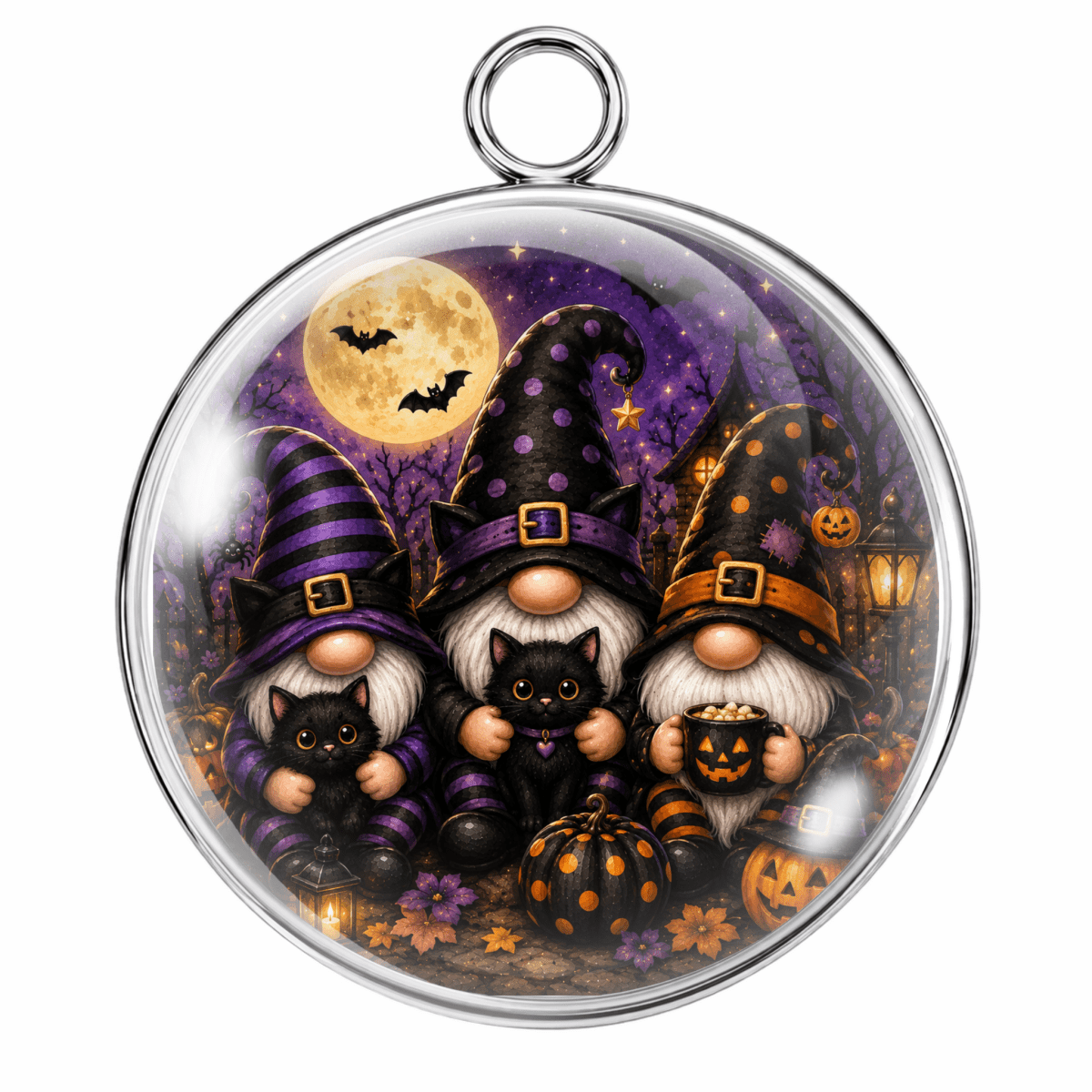 A round glass pendant featuring a whimsical illustration of three witch gnomes with black cats, pumpkins, a full moon, and bats under a purple night sky, set against a plain white background.