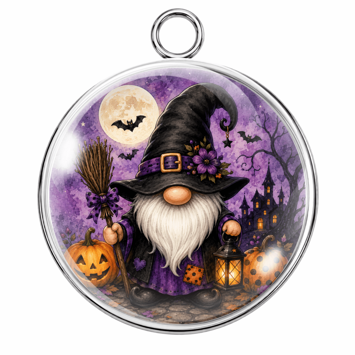 Round silver-toned pendant featuring a whimsical Halloween gnome illustration with a black hat, white beard, purple cloak, jack-o'-lanterns, a lantern, and a haunted house under a full moon.