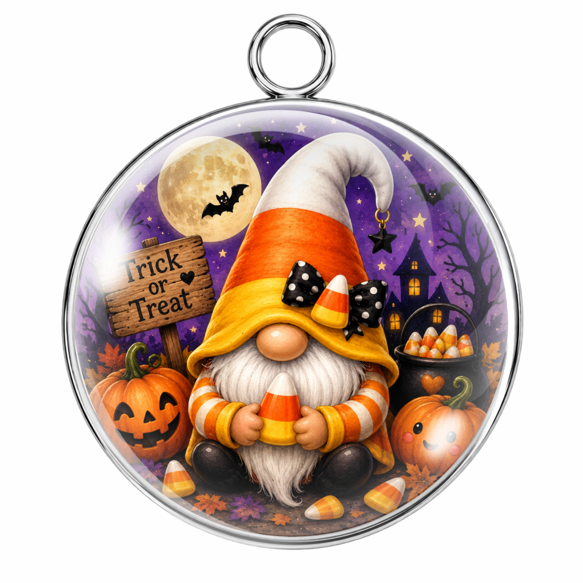 A round glass pendant with a silver metal rim and hanging loop, featuring a colorful Halloween gnome illustration. The gnome wears a yellow and orange pointed hat with candy corn accents, holds a candy corn, and is surrounded by pumpkins, bats, a full moon, a haunted house, and a 'Trick or Treat' sign inside a purple spooky scene.