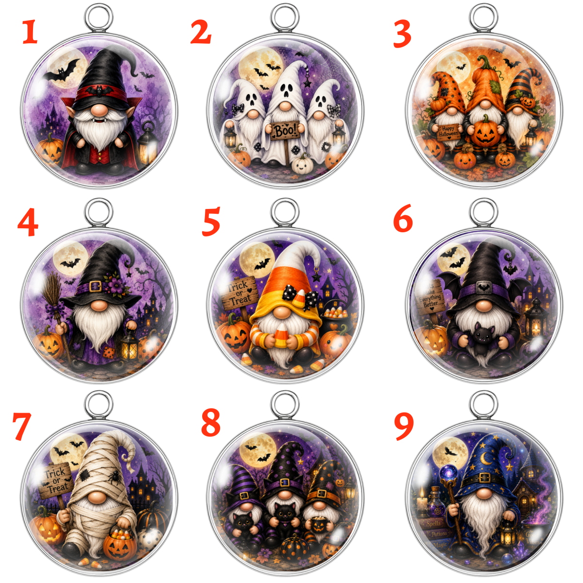 Nine Halloween-themed round pendant designs arranged in a 3x3 grid on a white background, each with a red number label. The pendants feature whimsical gnome illustrations with pumpkins, bats, ghosts, cats, mummies, and witch hats inside clear domed pendants with silver-tone loops.