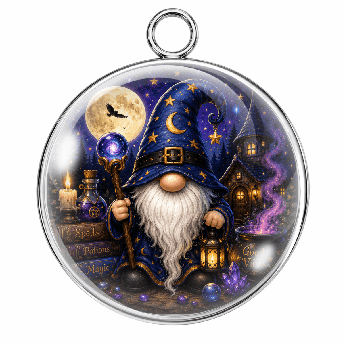 A round glass pendant with a silver metal rim and hanging loop, featuring a whimsical wizard gnome illustration in deep blues, purples, and golds against a starry night sky and moonlit scene.