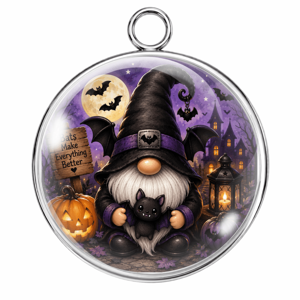 Round glass pendant with a silver metal rim and hanging loop, featuring a whimsical Halloween gnome illustration with a purple witch hat, black bat, jack-o'-lantern, haunted house, and moon on a white background.
