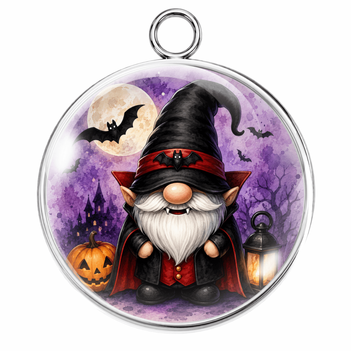 A round glass pendant featuring a cartoon vampire gnome with a black pointed hat, red cape, white beard, and orange pumpkin lantern, set against a purple watercolor background with bats and a full moon.