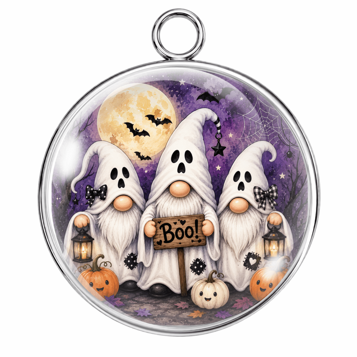 A round silver-toned pendant or ornament featuring a Halloween illustration with three white ghosts holding lanterns, pumpkins, a moon, bats, and a sign that reads 'Boo!'.