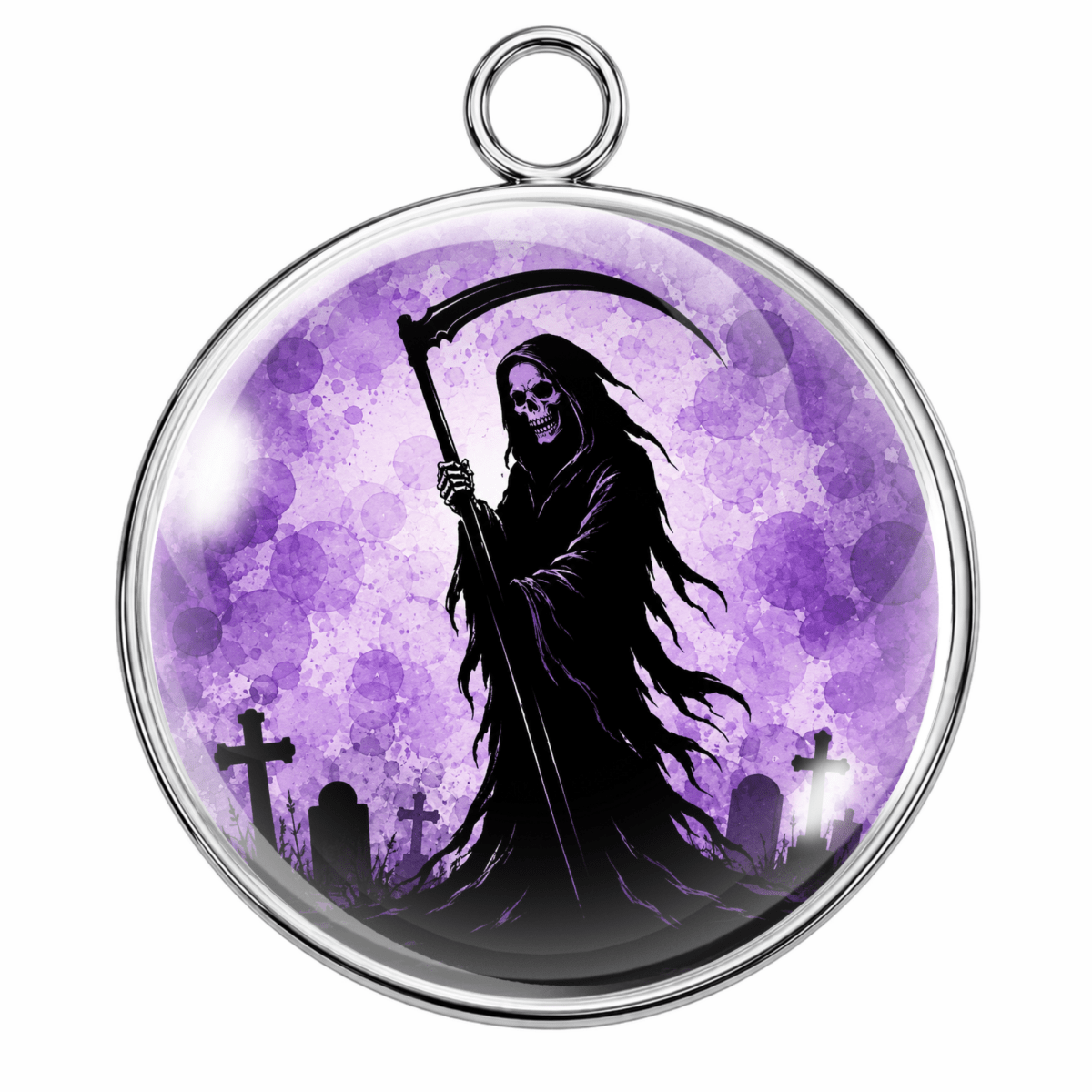 A round silver pendant featuring a gothic illustration of the Grim Reaper holding a scythe against a purple full moon and graveyard background, with a top hanging loop.
