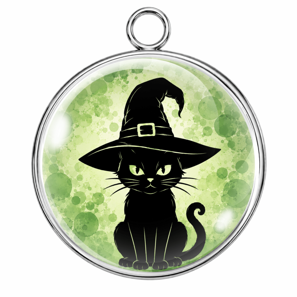 Round pendant charm featuring a black cat silhouette wearing a witch hat, set against a light green watercolor-style background with a silver metal rim and hanging loop.