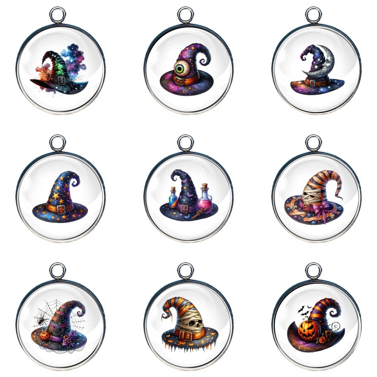 Group of 9 charms featuring witch hats decorated for halloween
