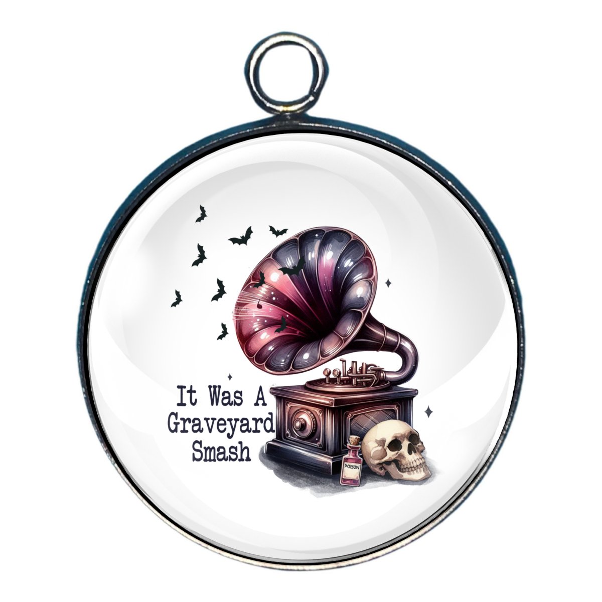 charm of a victrola with a skull and a bottle of poison 