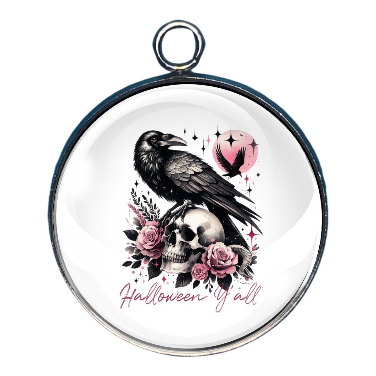 charm showing a black raven on a skull with a pink moon and pink roses.