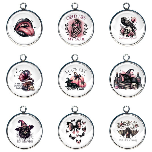 Group of 9 Charms feathuring pastel goth halloween scenes.