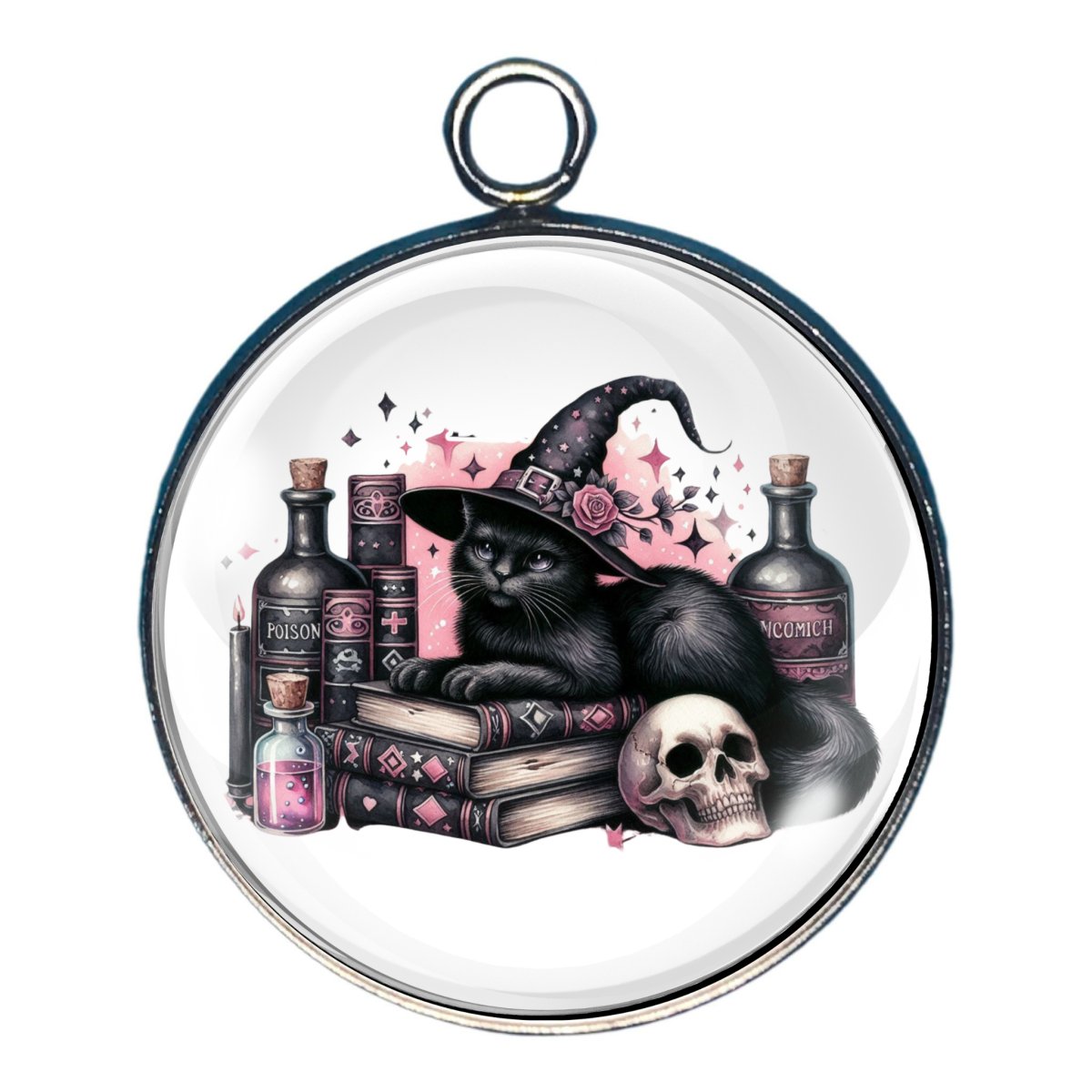 charm of a black cat with a skull and poisons and books