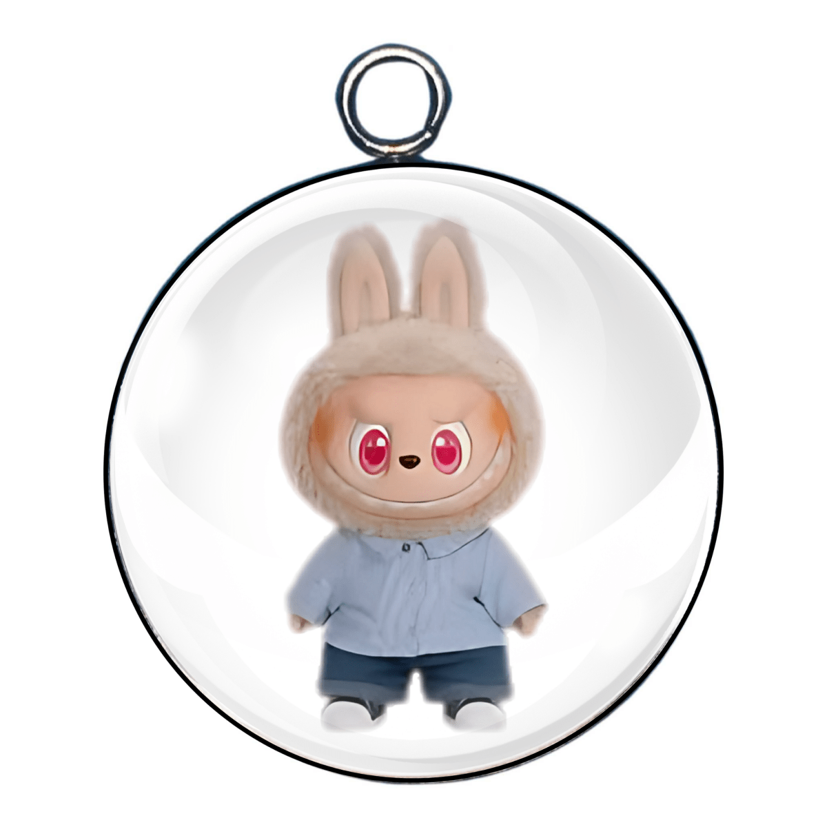 Labubu in blue shirt with light tan bunny hood