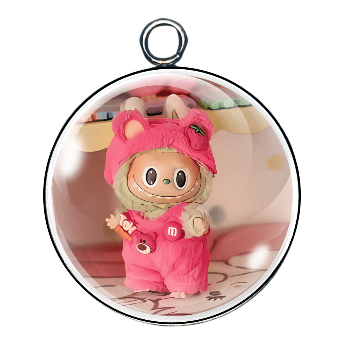 Labubu in a fuzzy pink bunny suit with hood up