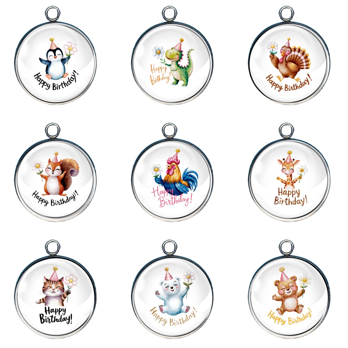 Happy Birthday Animal Charms, Glass Cabochon Charms