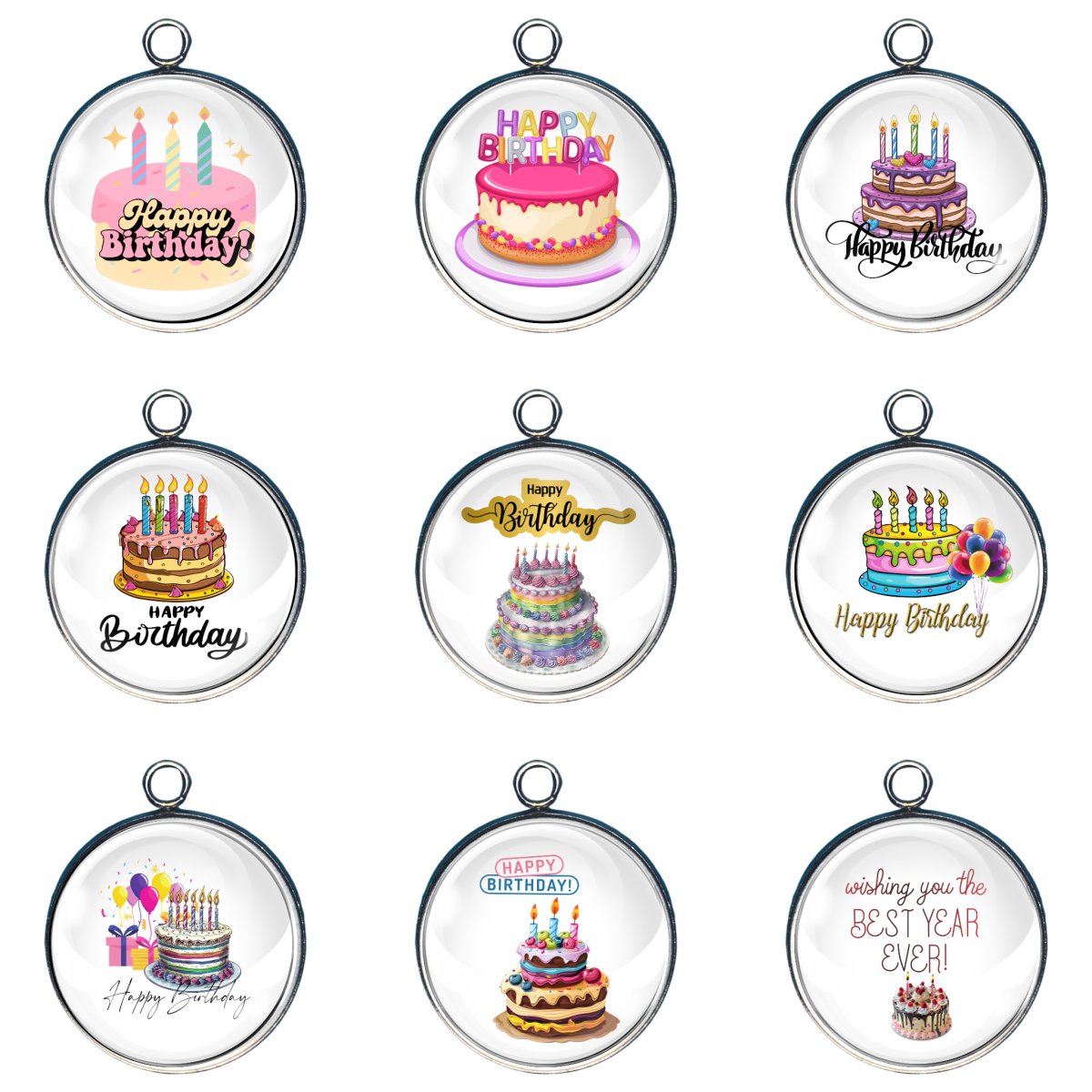 Group of 9 charms of Happy Birthday greeting and cake