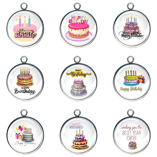 Group of 9 charms of Happy Birthday greeting and cake