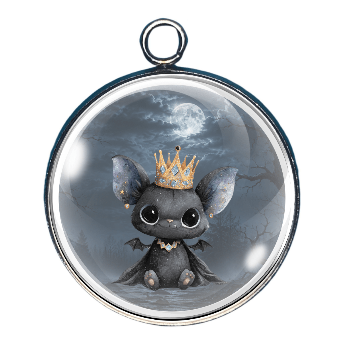 Adorable crowned bat flying beneath a full moon in a spooky haunted forest glass cabochon charm.