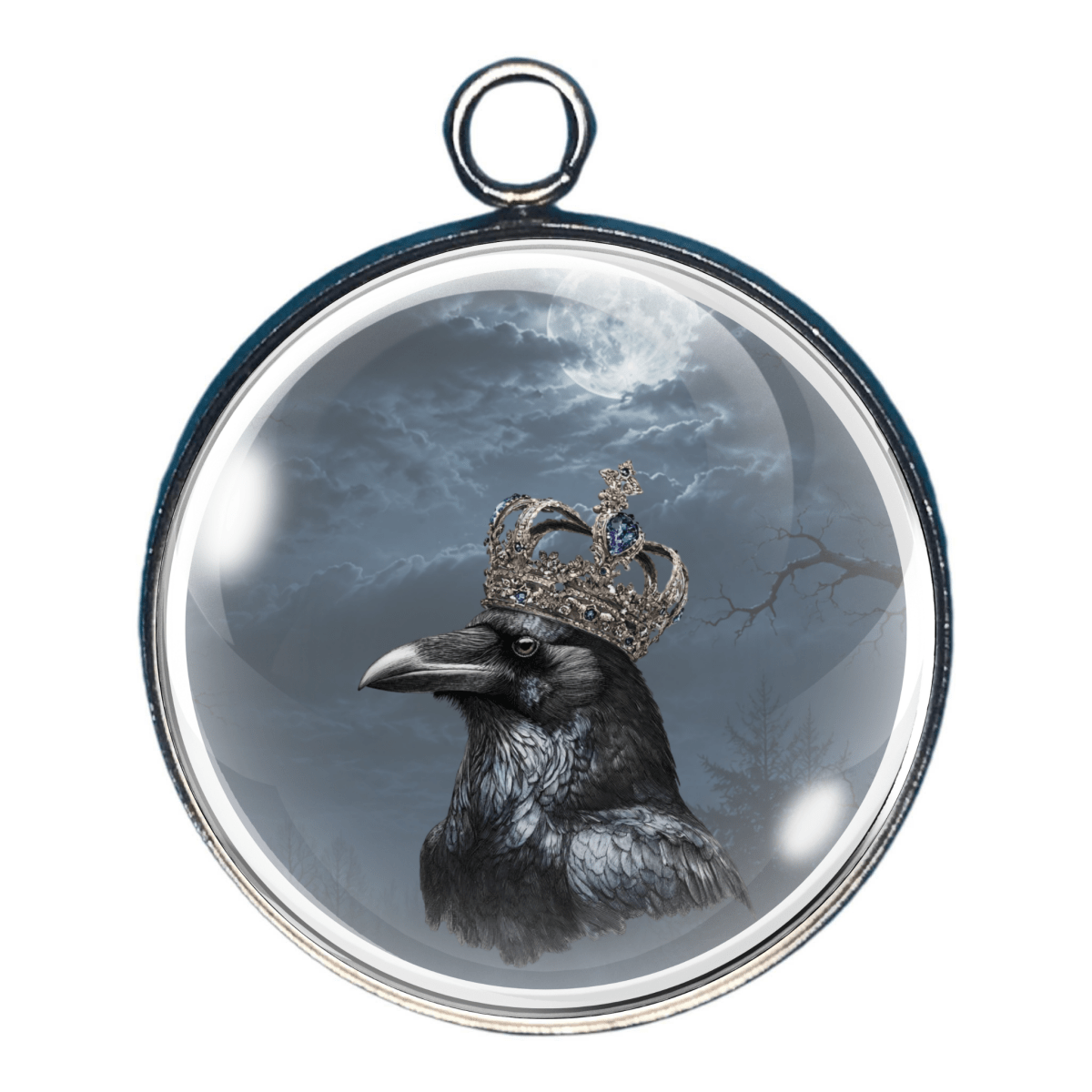 Halloween glass cabochon charm featuring a crowned raven perched beneath a moonlit haunted sky.