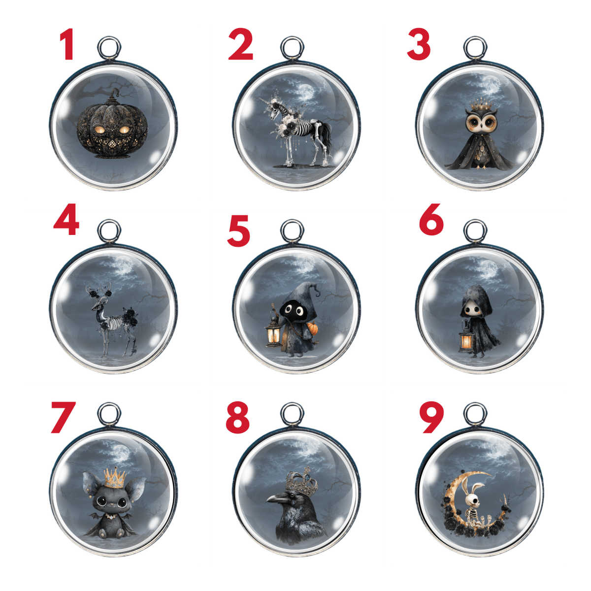Haunted Forest Spooky Halloween glass cabochon charm collection featuring ghosts, ravens, owls, pumpkins, skeletons, bats, and moonlit woodland scenes.