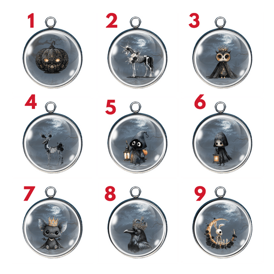 Haunted Forest Spooky Halloween glass cabochon charm collection featuring ghosts, ravens, owls, pumpkins, skeletons, bats, and moonlit woodland scenes.