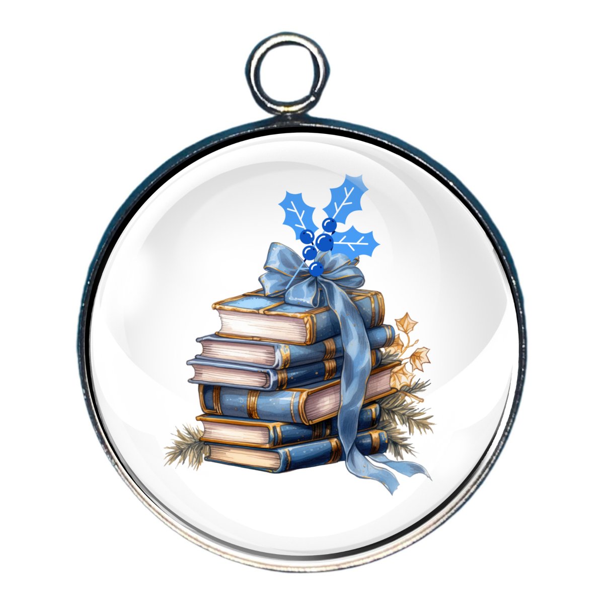 Charm of a stack of blue books tied with a blue ribbon