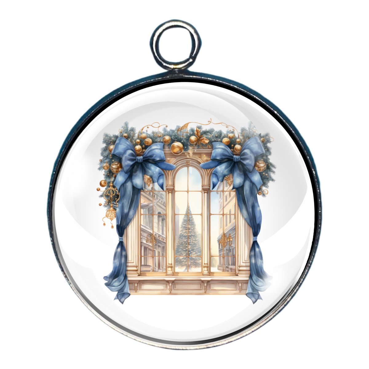 Charm of a window decorated with blue ribbons and gold balls looking out at a large christmas tree