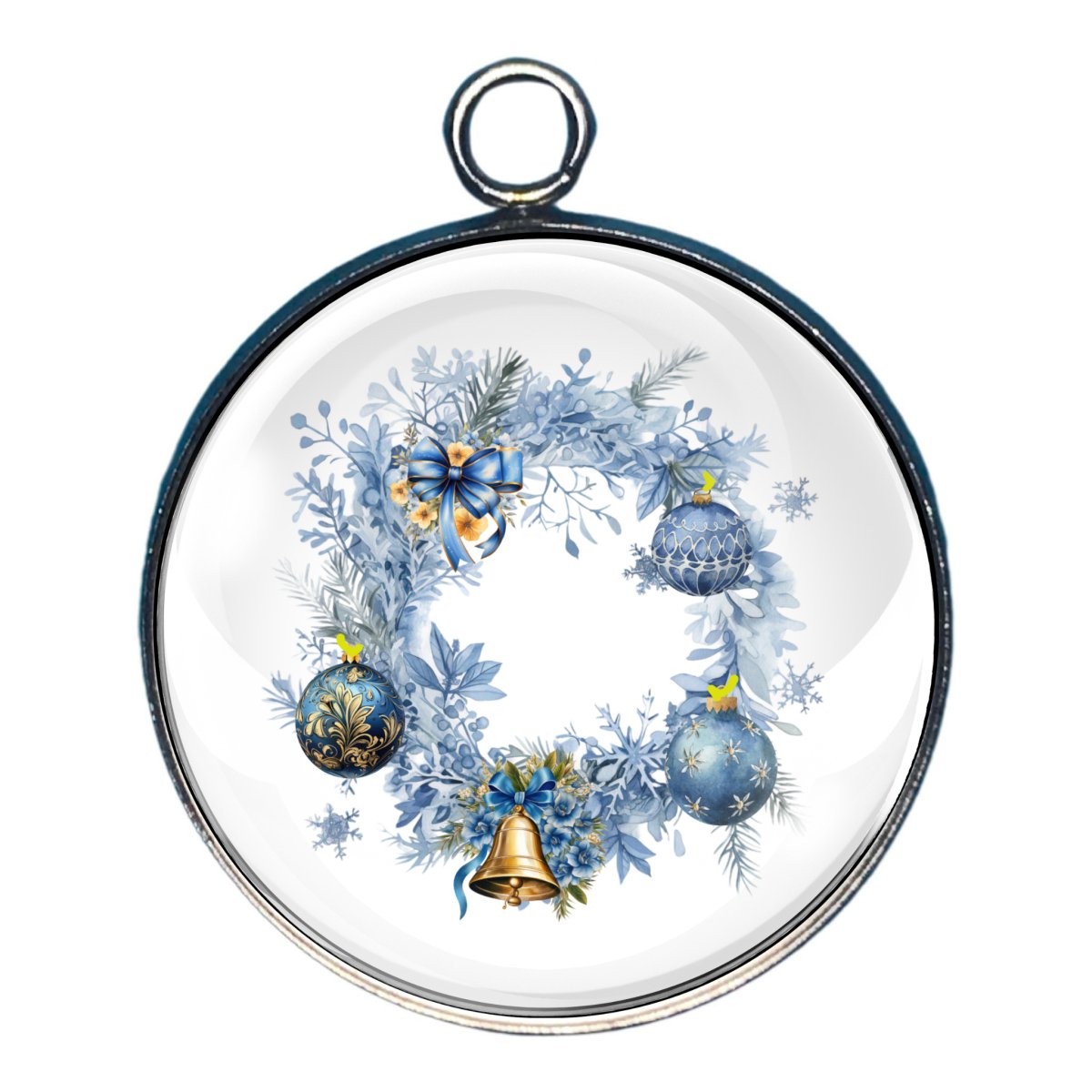 Charm of a blue wreath decorated with blue christmas balls, ribbons and a bell