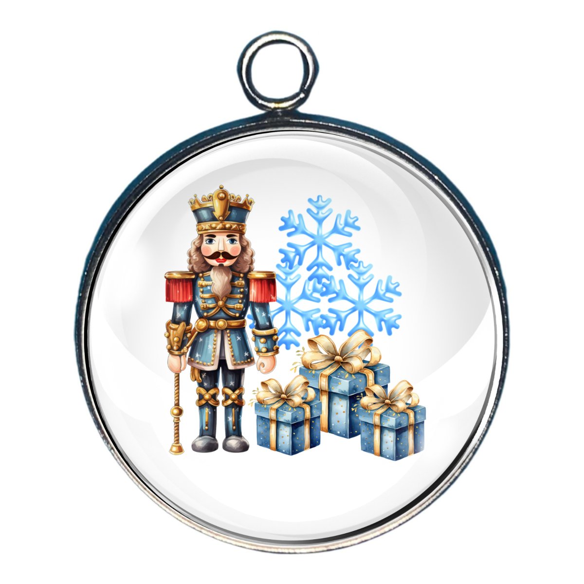 Charm of a nutcracker with blue snowflakes and presents