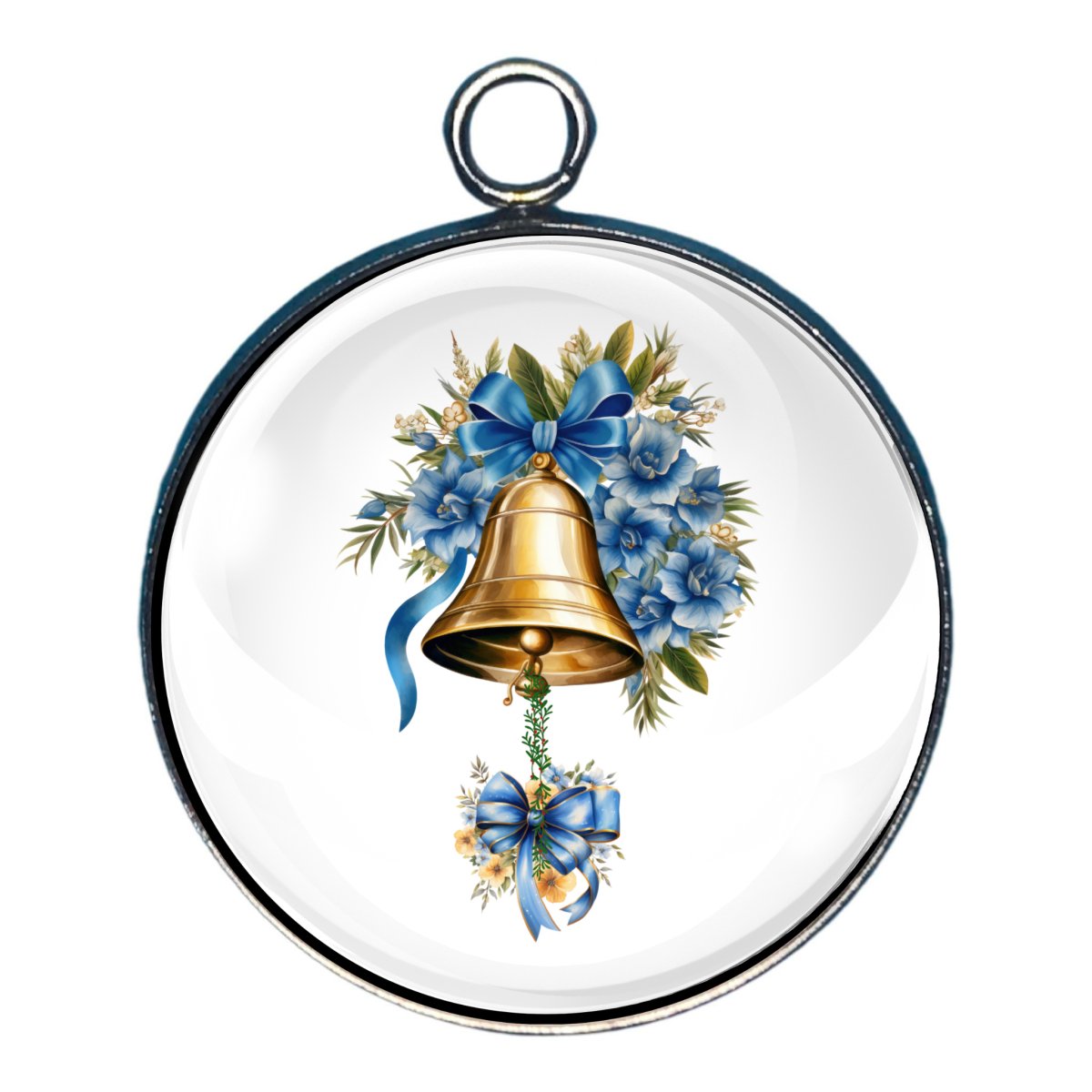 Charm of a bell with blue ribbons