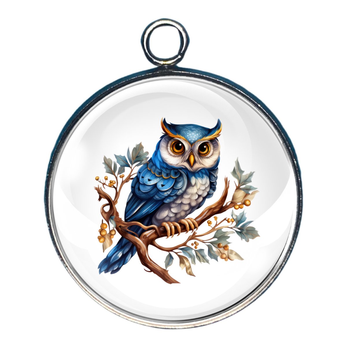 Charm of a blue owl sitting on a branch