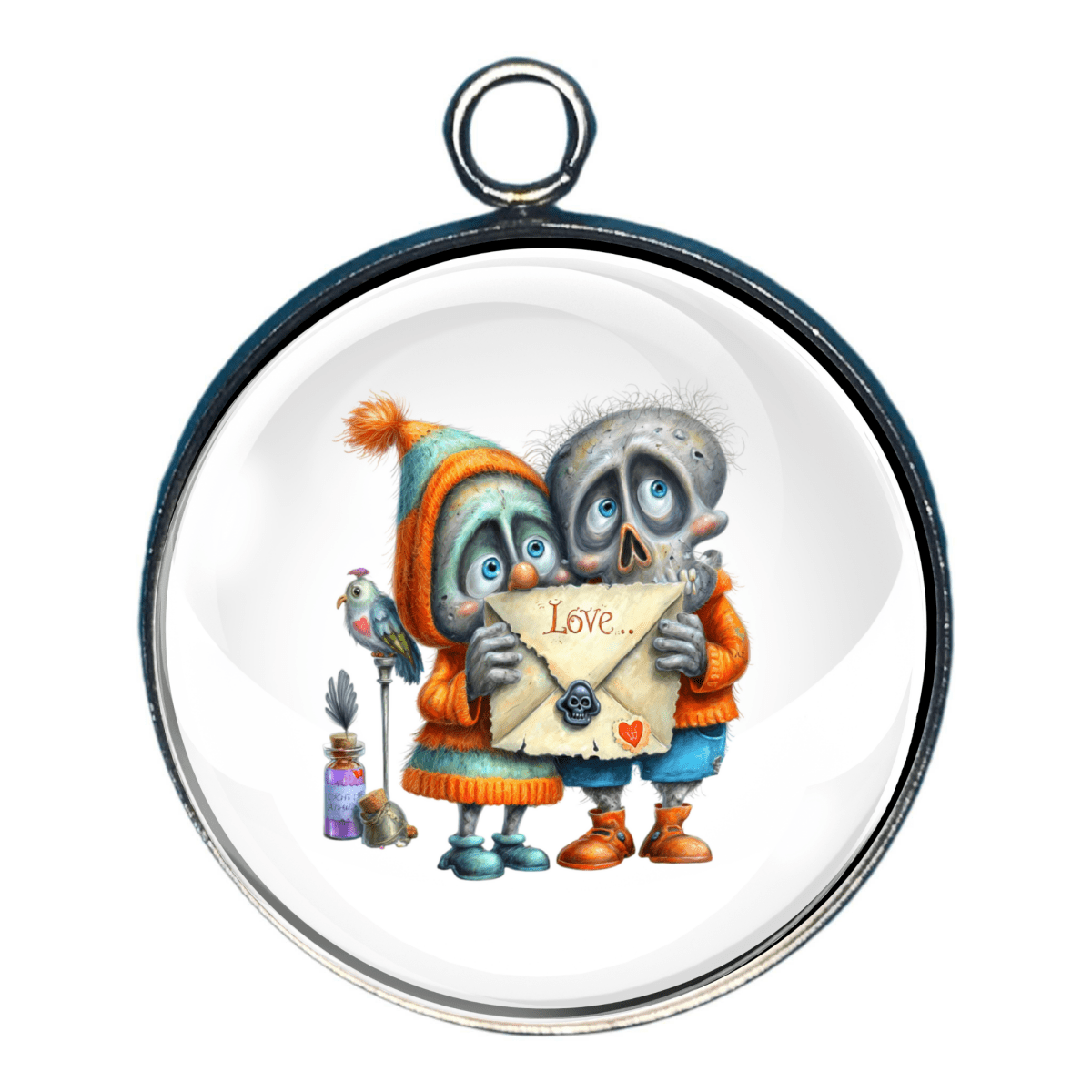 Charm of cartoon characters holding a 'Love' letter