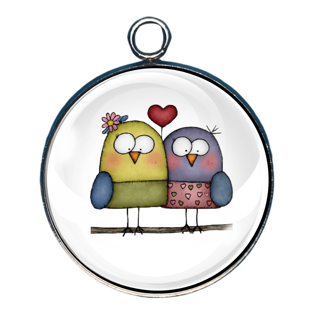 Cartoon birds with a heart and flower on a branch Charm