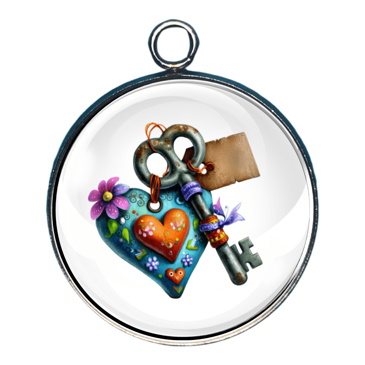 Charm of a Decorative keychain with a puffy heart-shaped tag and key 