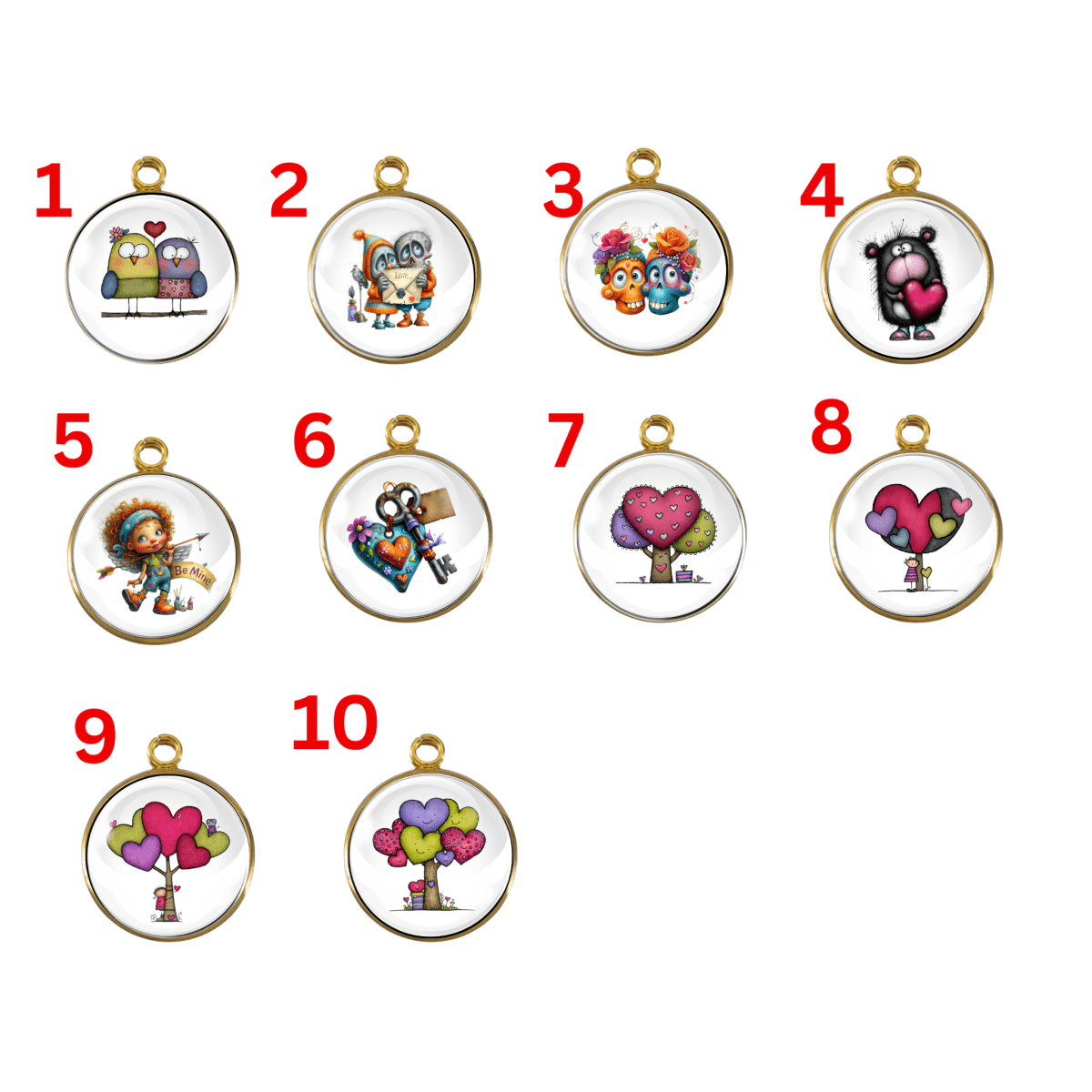 Woodland Valentine charm collection featuring heart trees, forest animals, and romantic scenes