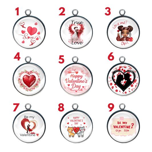Valentine’s Day cabochon charm collection featuring hearts, couples, love sayings, and cute Valentine designs
