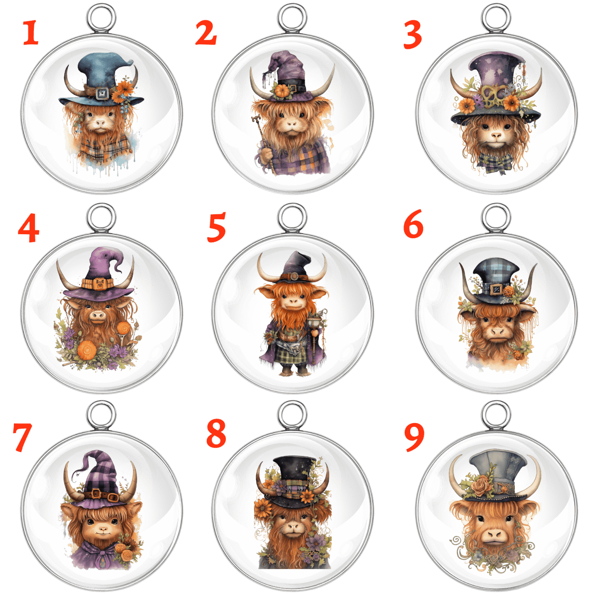 Nine whimsical Halloween Highland Cow charms, each wearing a witch hat and dressed in unique spooky outfits, displayed in numbered round glass settings.