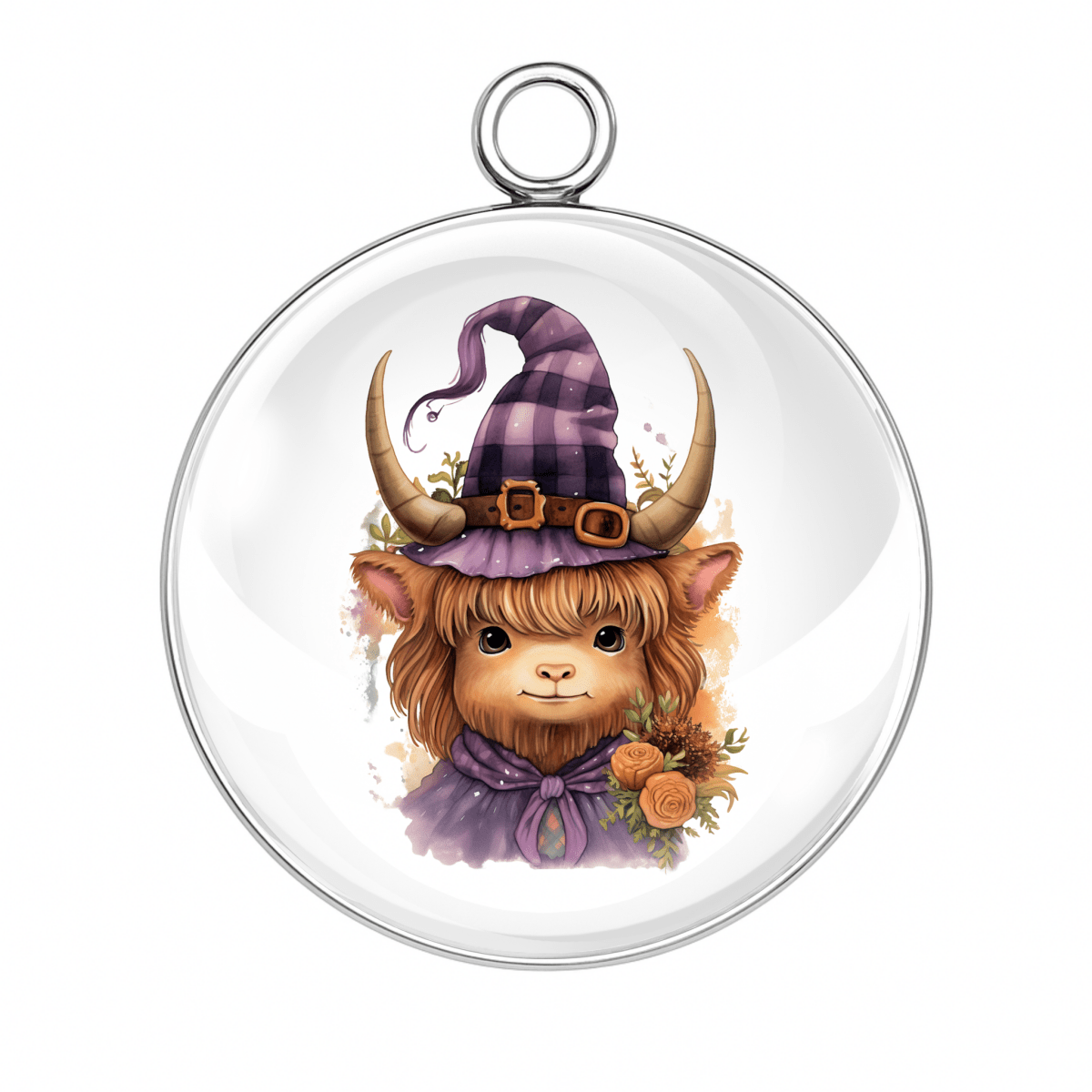Highland cow in a striped purple witch hat and dress with orange ribbon