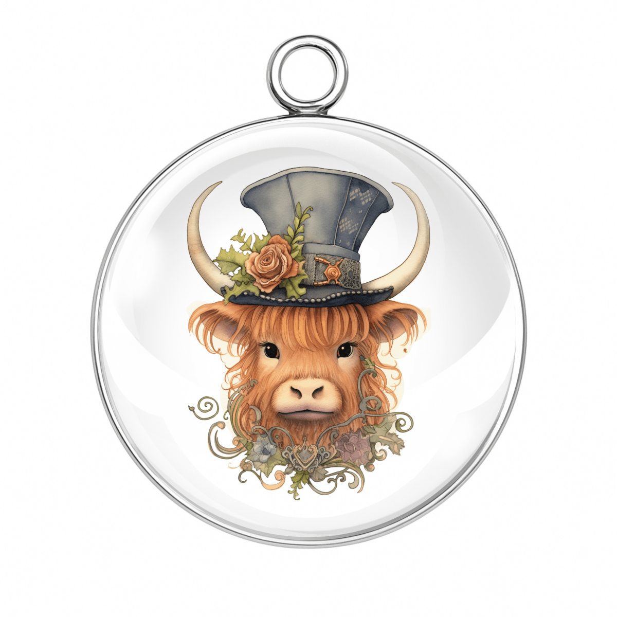 Highland cow in a sage green and denim witch hat with soft roses