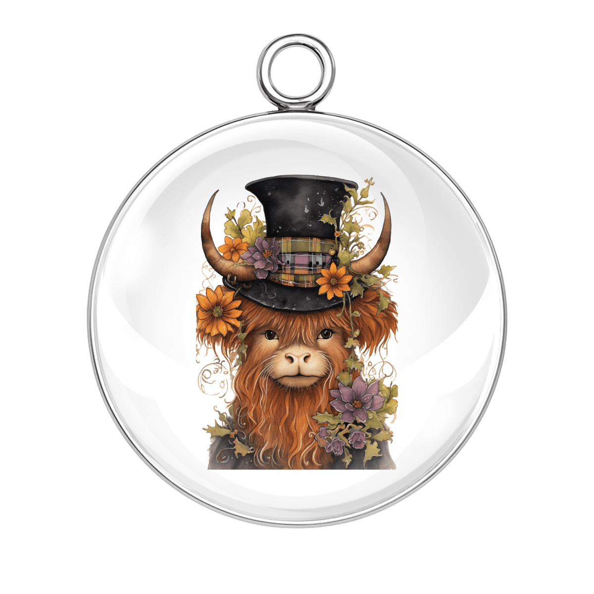 Highland cow with orange flowers and a black floral witch hat