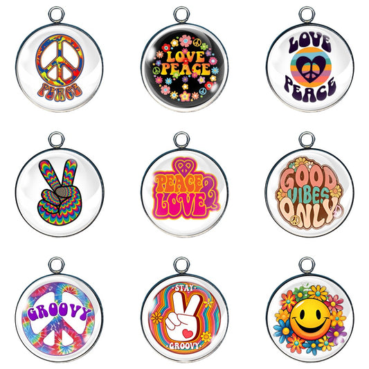 9 hippie glass cabochon charms