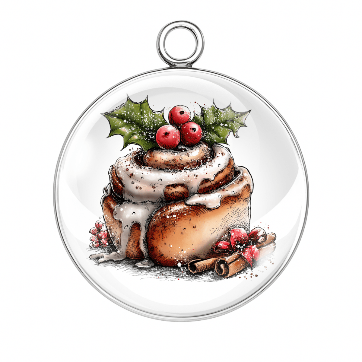 Iced cinnamon roll with holly berries charm