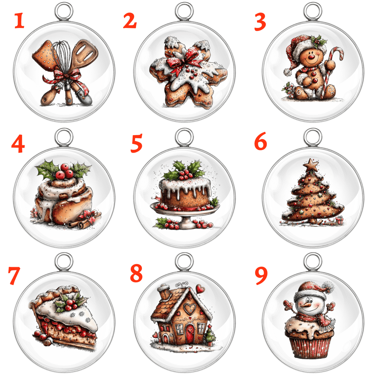 Nine Christmas-themed glass ornaments with various designs on a white background.