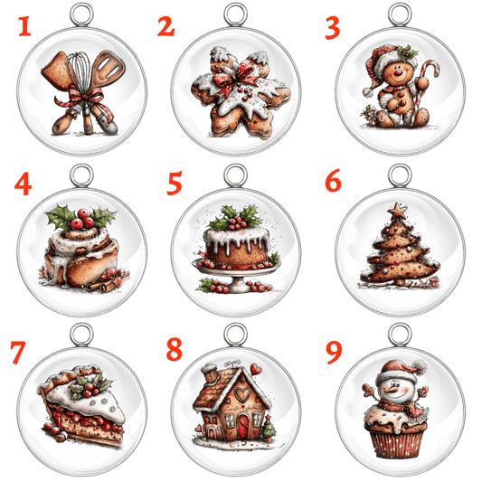 Nine Christmas-themed glass ornaments with various designs on a white background.
