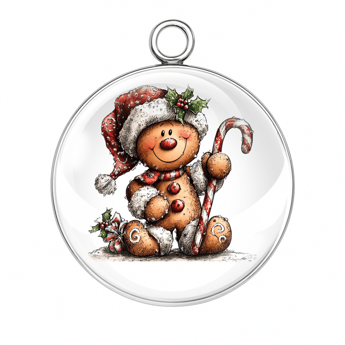 Gingerbread cookie holding candy cane cabochon charm