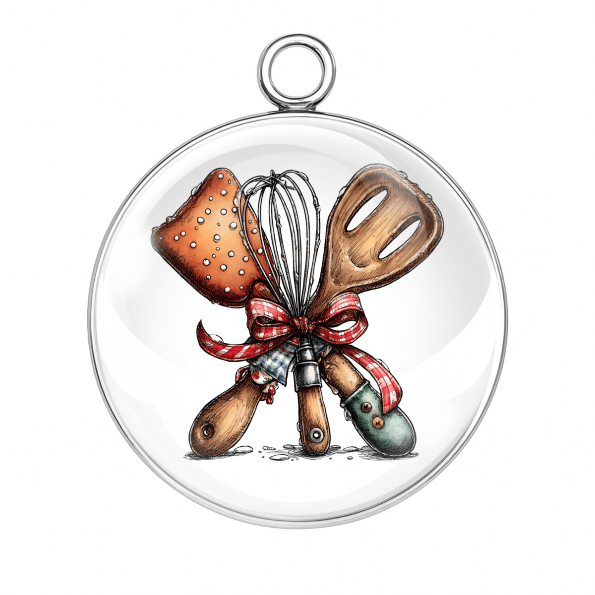 Decorative pendant with kitchen utensils tied with a ribbon on a white background