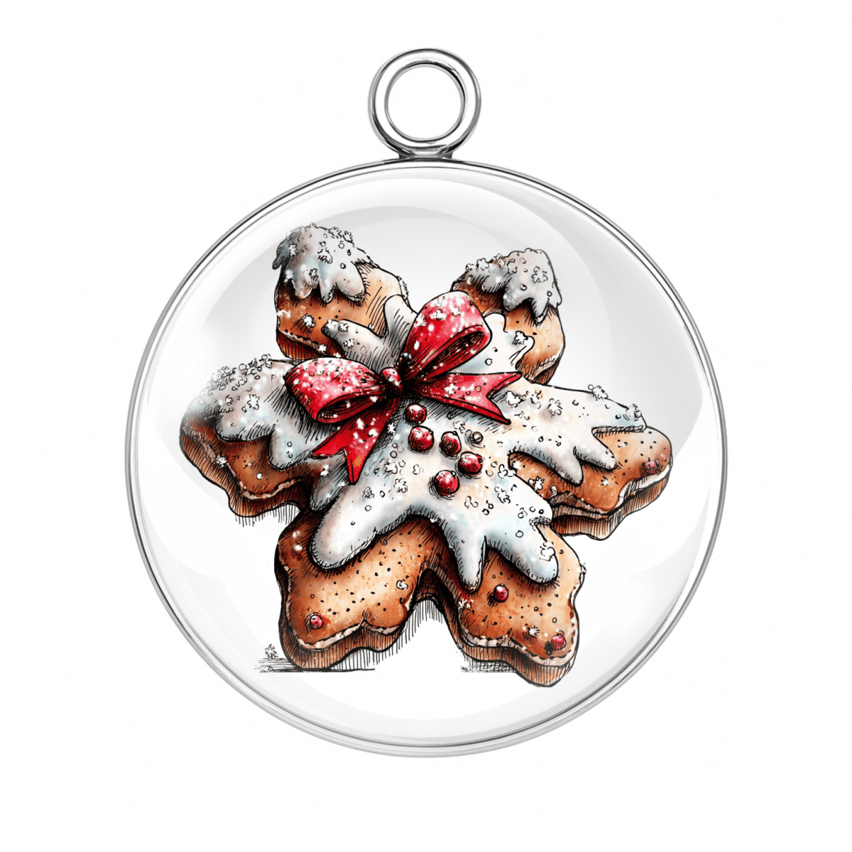 Decorative ornament with gingerbread cookies and a red bow on a white background