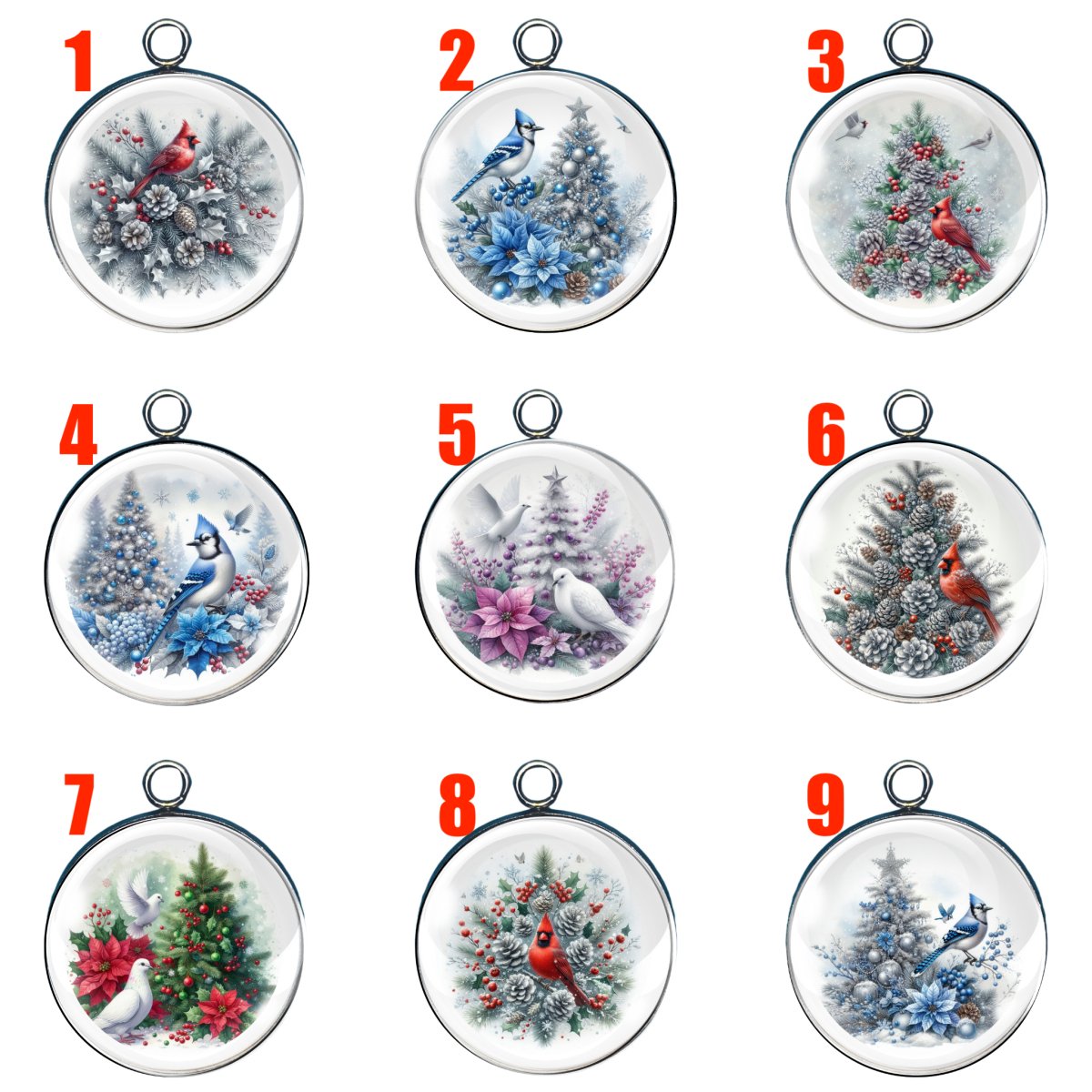 9 Holiday Birds glass cabochon charms