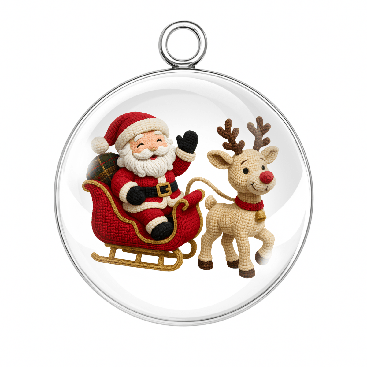 Decorative Christmas ornament with Santa Claus in a sleigh and reindeer.